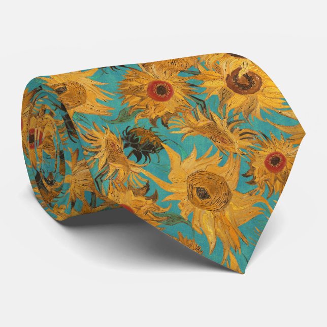 Cravate Tournesols de Van Gogh jaune sarcelle bleu rouge o (Roulé)