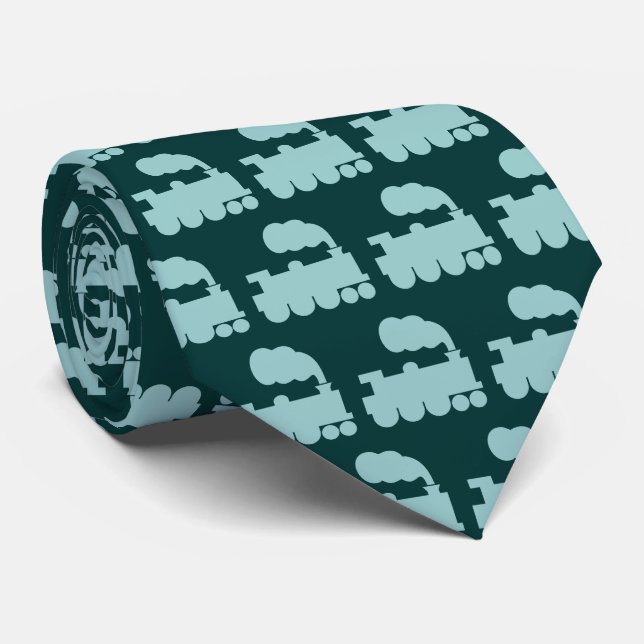 Cravate Train à vapeur - Lt Blue Green sur Dk Moss Grn (Roulé)