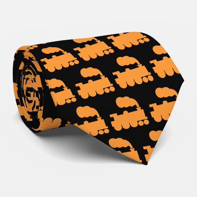 Cravate Train à vapeur Motif - Orange clair sur Noir (Roulé)