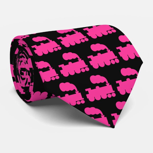 Cravate Train à vapeur Motif - Rose chaud sur noir (Roulé)
