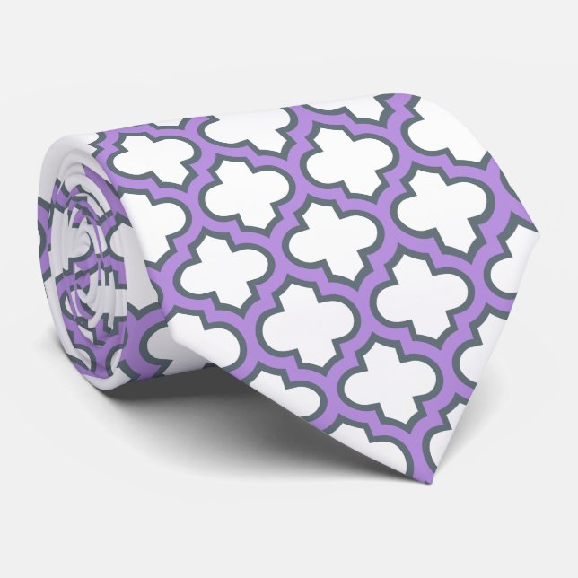 Cravate Trellis blanc et violet, treillis, Quatrefoil (Roulé)
