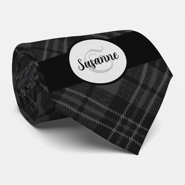Cravate Trendy noir blanc tartan Personnaliser Monogramme (Roulé)