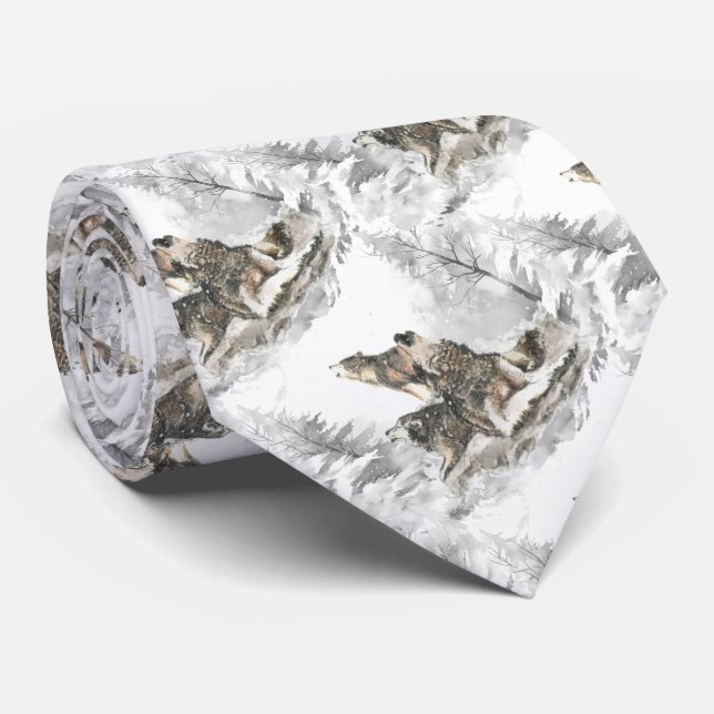 Cravate Trois loups hurlant de l'aquarelle de nuit neige (Roulé)