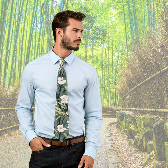 Cravate Tropical Flower Chinoiserie Asian Dusty Teal Print (Créateur téléchargé)