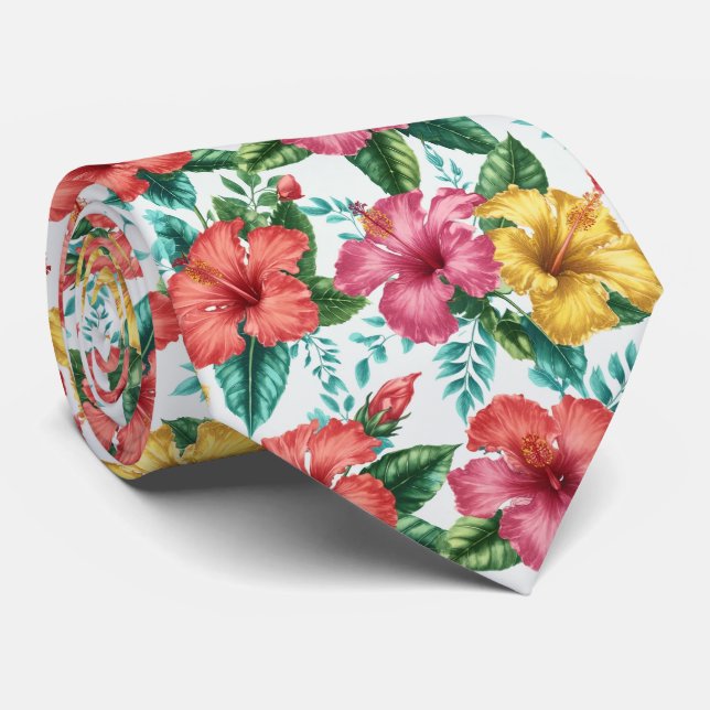 Cravate Tropical Hibiscus Garden Floral Pattern (Roulé)