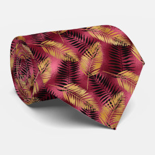 Cravate Tropical leaf pattern gold burgundy neck