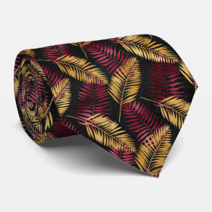 Cravate Tropical leaf pattern gold burgundy neck