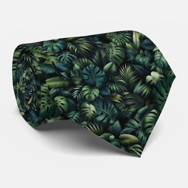 Cravate Tropical Monstera Botanical Green Jungle Print (Roulé)