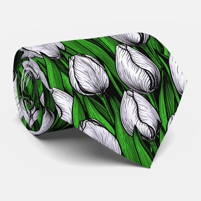 Cravate Tulières blanches avec feuilles verts (Roulé)