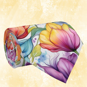 Cravate Tulipes en rose violet or encre alcoolique vintage