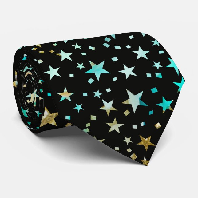 Cravate Turquoise Bleu Faux Or Étoiles Noir Professionnel (Roulé)