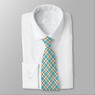 Cravate Turquoise Blue, Orange & White Plaid Men's Tie