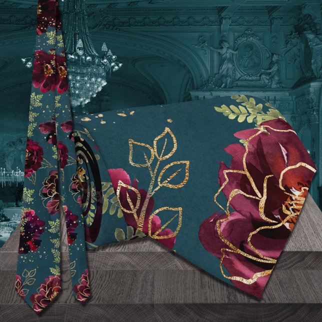 Cravate Turquoise Bordeaux Jewel Tone Mariage or (Teal Bordeaux Jewel Tone Wedding 2 Neck Tie)