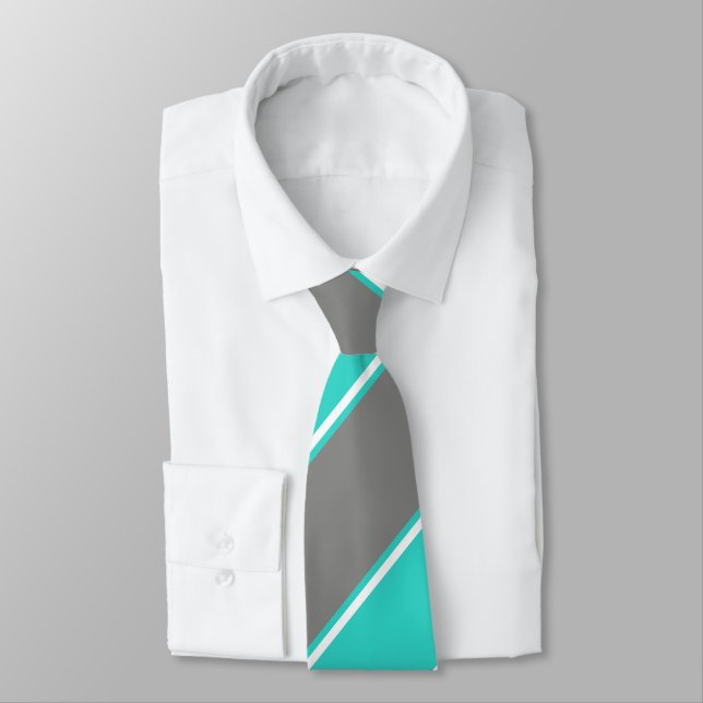Cravate turquoise et argentée diagonalement rayée (Attaché)