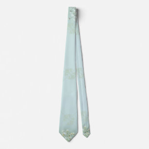 Cravate Turquoise Fleurs blanches Pastel