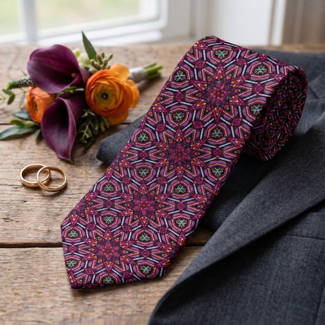 Cravate Turquoise Rose Violet Orange Motif Kaléidoscope (Créateur téléchargé)
