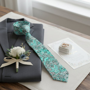 Cravate Turquoise sarcelle Faux gris argent Marbré Art