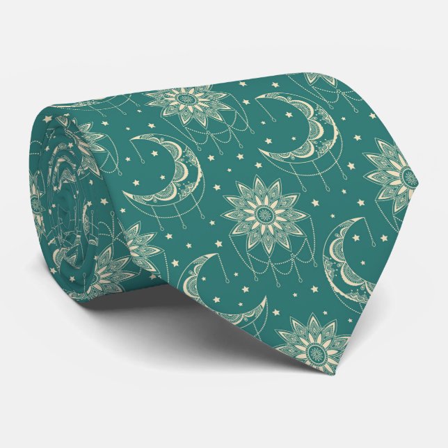 Cravate Turquoise vintage moon ornamental pattern (Roulé)