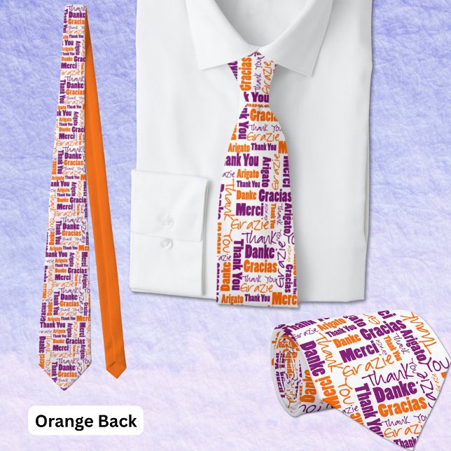 Cravate Typographie multilingue Merci Orange Violet (Purple and orange multilingual thank you typography word cloud polyester tie. Back is orange.)