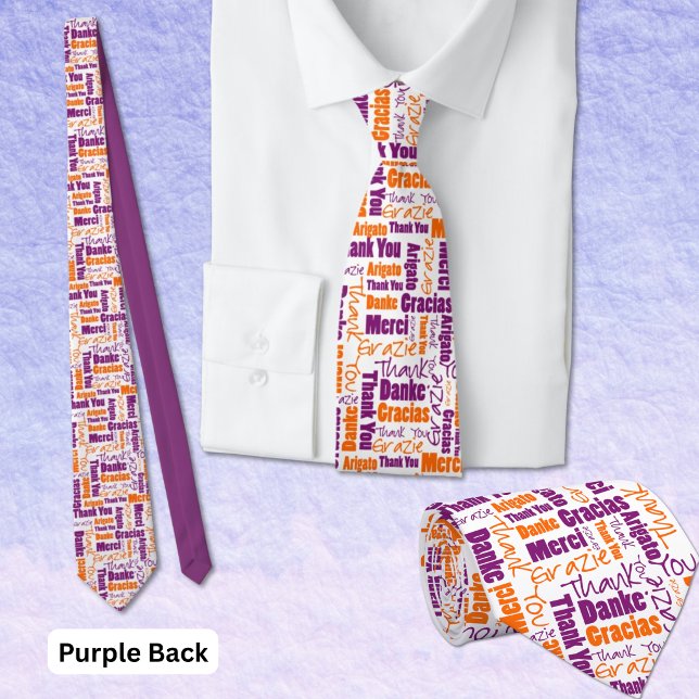 Cravate Typographie multilingue Merci Orange Violet (Black and purple multilingual thank you word cloud tie. Purple back. )