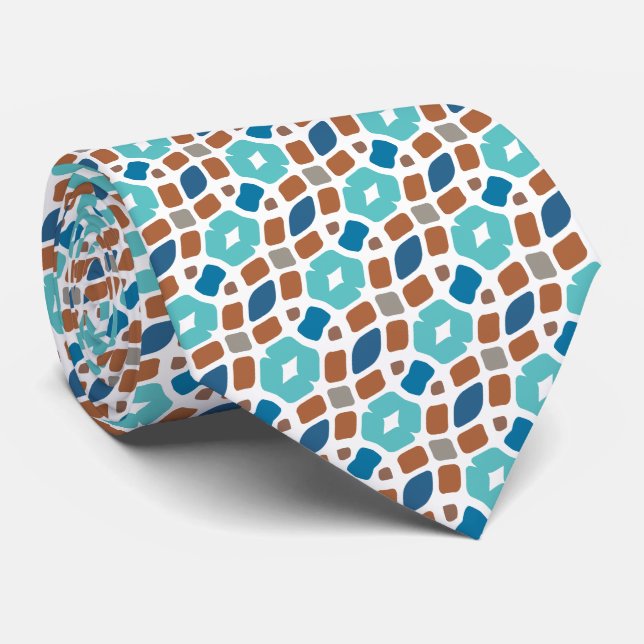 Cravate Unique Aqua Turquoise Bleu Gris Marron Tribal (Roulé)