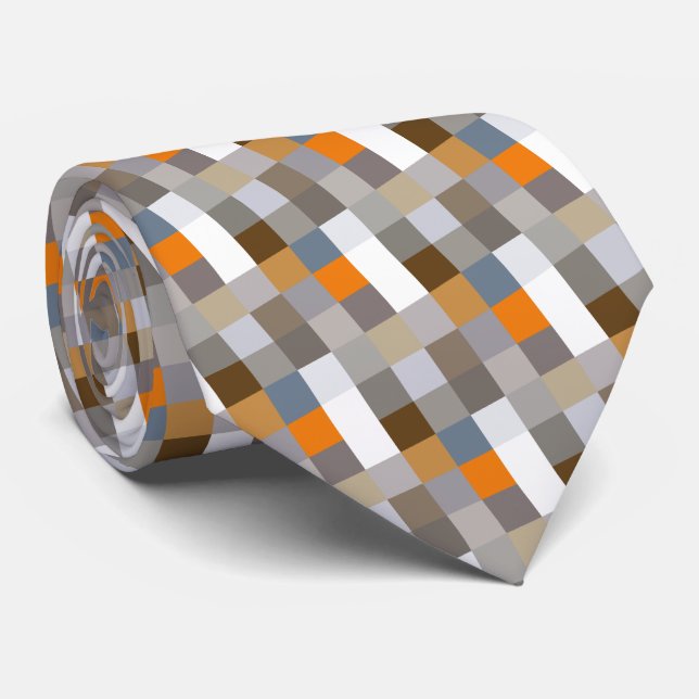 Cravate Unique Bleu Gris Orange Taupe Marron Pixels Art (Roulé)