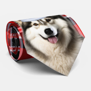 Cravate Vacances Alaskien Malamute Rouge Blanc Plaid Noël