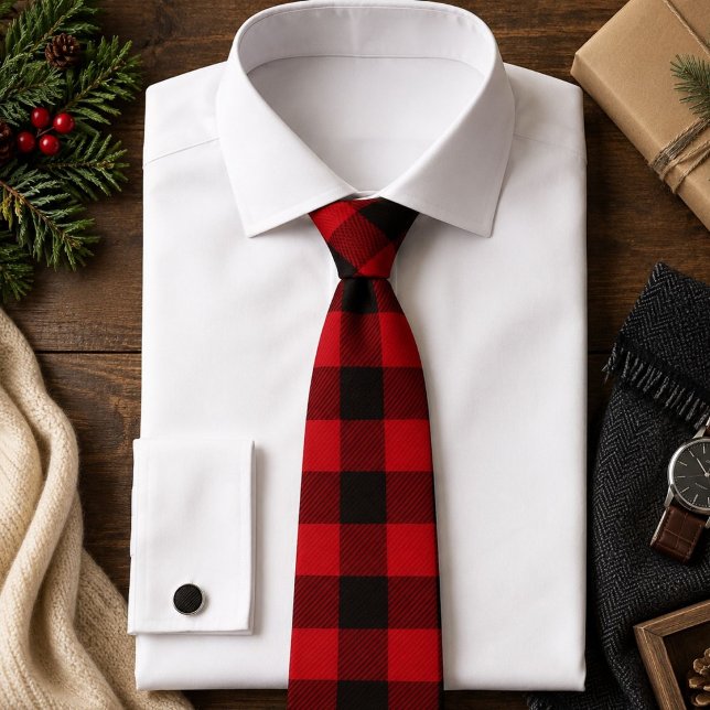 Cravate vacances d'hiver rustiques rouge noir carreau de b (rustic winter holiday red black buffalo plaid neck tie)