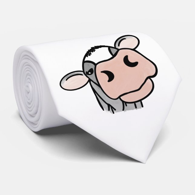 Cravate vache de dessin animé noir blanc rose baiser gris  (Roulé)