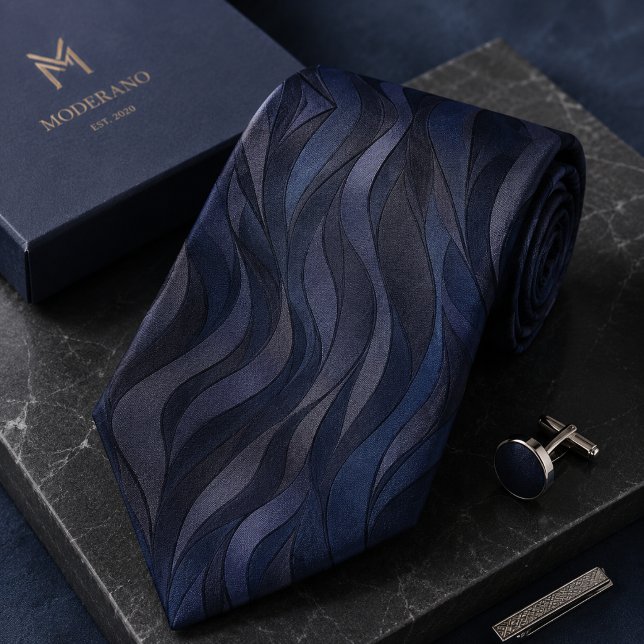 Cravate Vague Abstrait Bleu Marine de Luxe (Créateur téléchargé)
