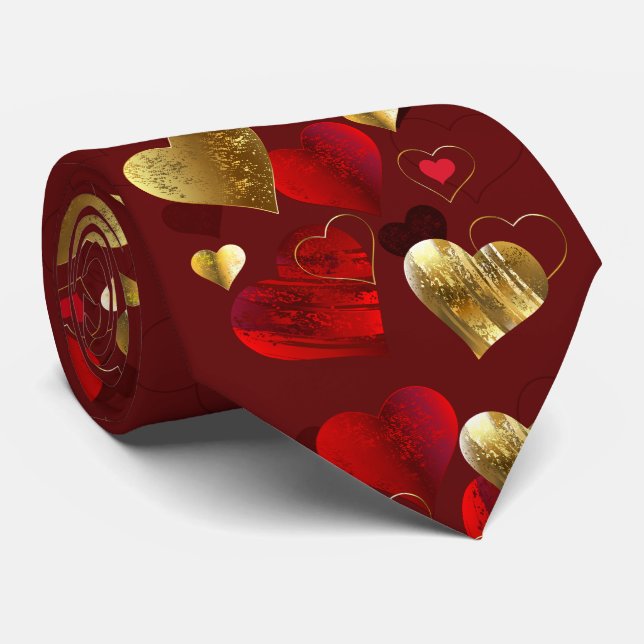 Cravate Valentines dorées et rouges (Roulé)