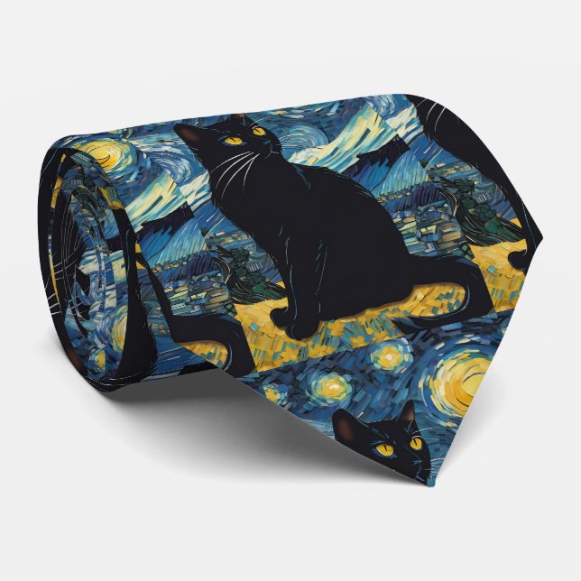 Cravate Van Gogh Nuit Étoilée Chat Noir (Roulé)
