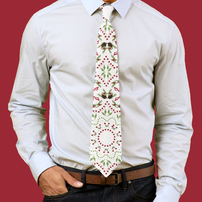Cravate Végétation de Noël Holly Berries Style Mandala (Holiday pattern red and green mens neck tie. )
