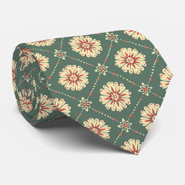 Cravate Vert avec motif floral beige (Roulé)