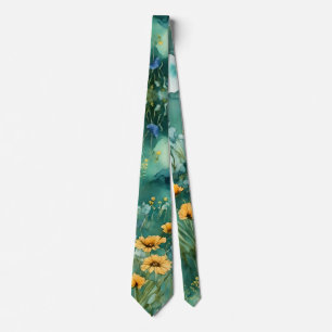 Cravate Vert doux paysage aquarelle fleurs sauvages