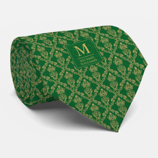 Cravate Vert émeraude et or motif damassé sans couture