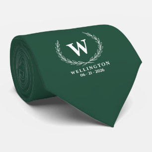 Cravate Vert Émeraude Monogramme Mariage Nom Laurier Blanc