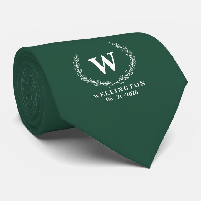 Cravate Vert Émeraude Monogramme Mariage Nom Laurier Blanc (Roulé)