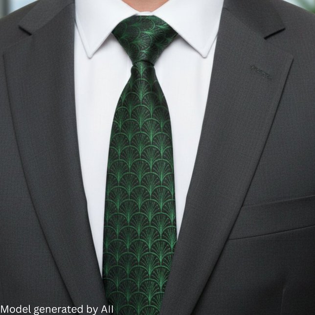 Cravate Vert émeraude noir motif Art déco (Créateur téléchargé)