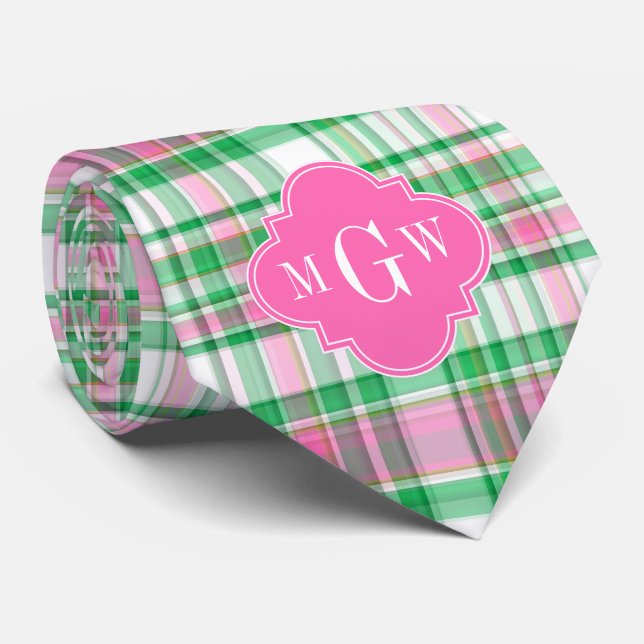Cravate Vert émeraude rose chaud blanc Madras prépa monogr (Roulé)