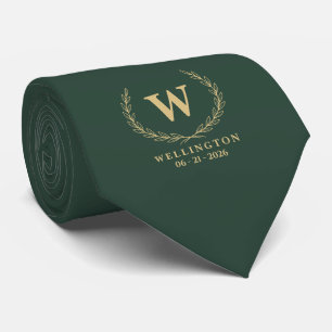 Cravate Vert forêt Or Lauriers Monogramme Date de mariage