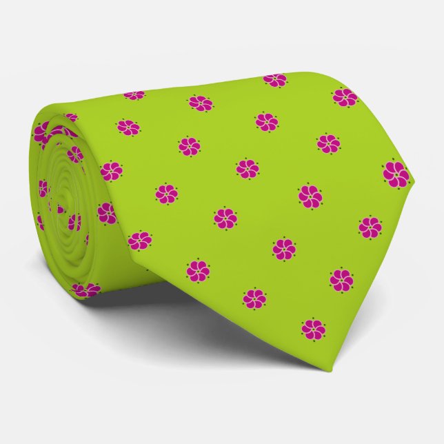 Cravate Vert frais avec motif de fleurs roses (Roulé)