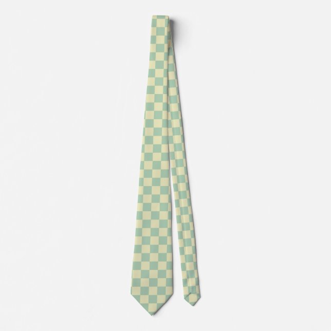 Cravate Vert Menthe Pastel et Damier Jaune Pâle (Devant)