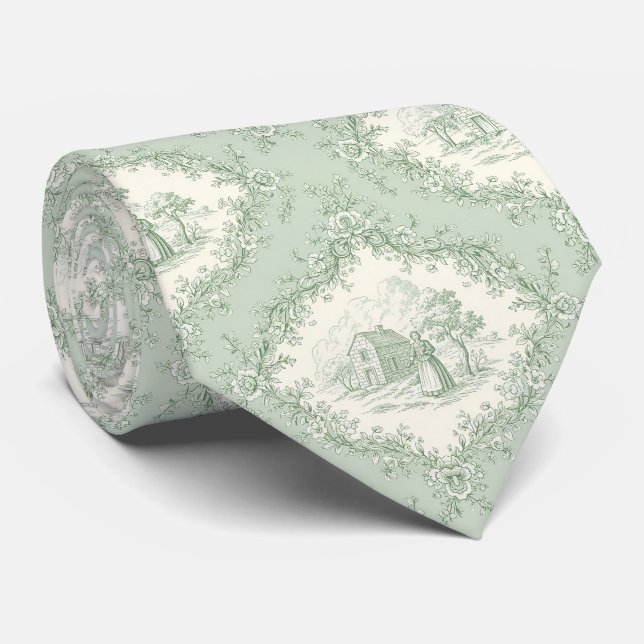 Cravate Vert menthe toile de Jouy florale de campagne fran (Roulé)