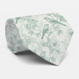 Cravate Vert menthe Toile de Jouy française oiseaux et fle