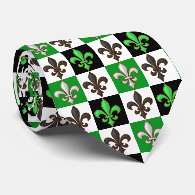 Cravate Vert Noir Blanc À damiers Fleur de lis Design (Créateur téléchargé)