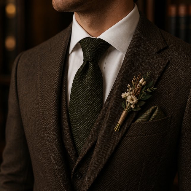 Cravate Vert olive herringbone de luxe (Créateur téléchargé)
