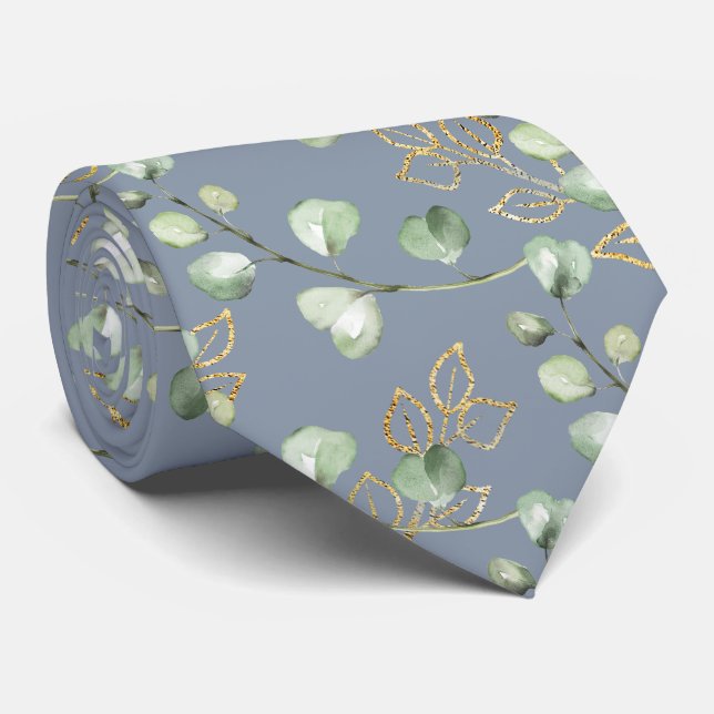 Cravate Vert sauge et or Eucalyptus Gris terne Mariage (Roulé)