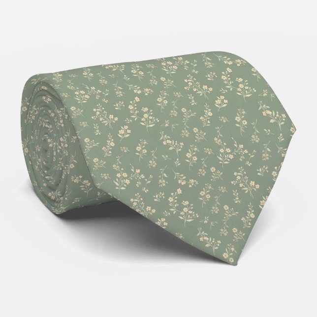 Cravate Vert sauge Fleur sauvage Botanique Floral Ditsy (Roulé)