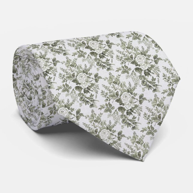 Cravate Vert sauge toile florale  (Roulé)